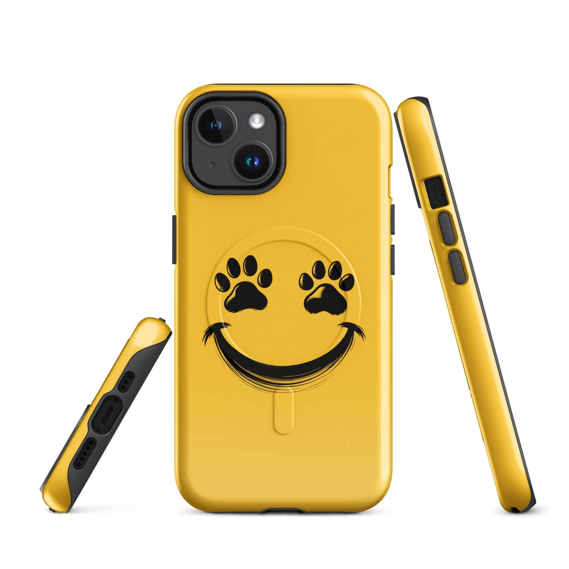 Magnetic Phone Case with smiley face and paw print design, perfect for playful pet lovers and animal enthusiasts, on yellow background.