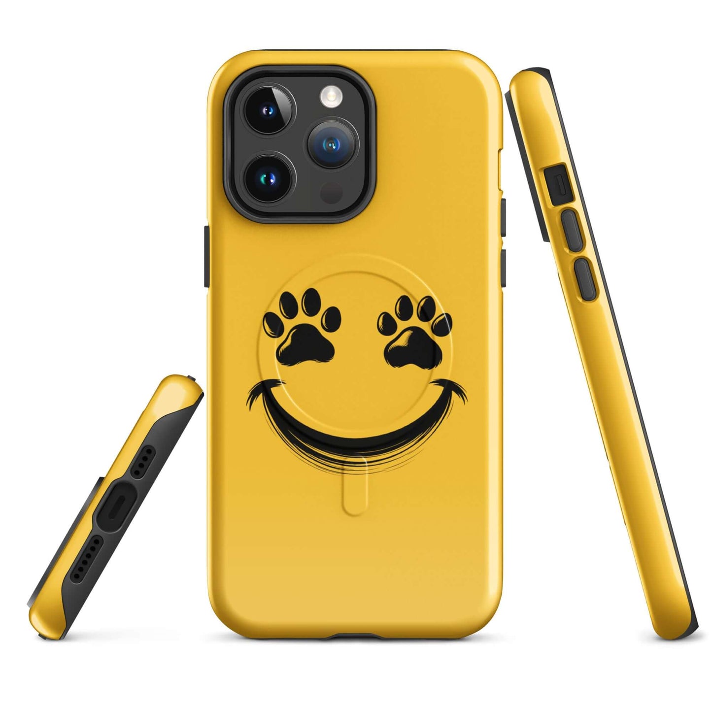 Magnetic Phone Case for iPhone with yellow smiley face and paw prints, perfect for playful pet lovers seeking charm and durability.