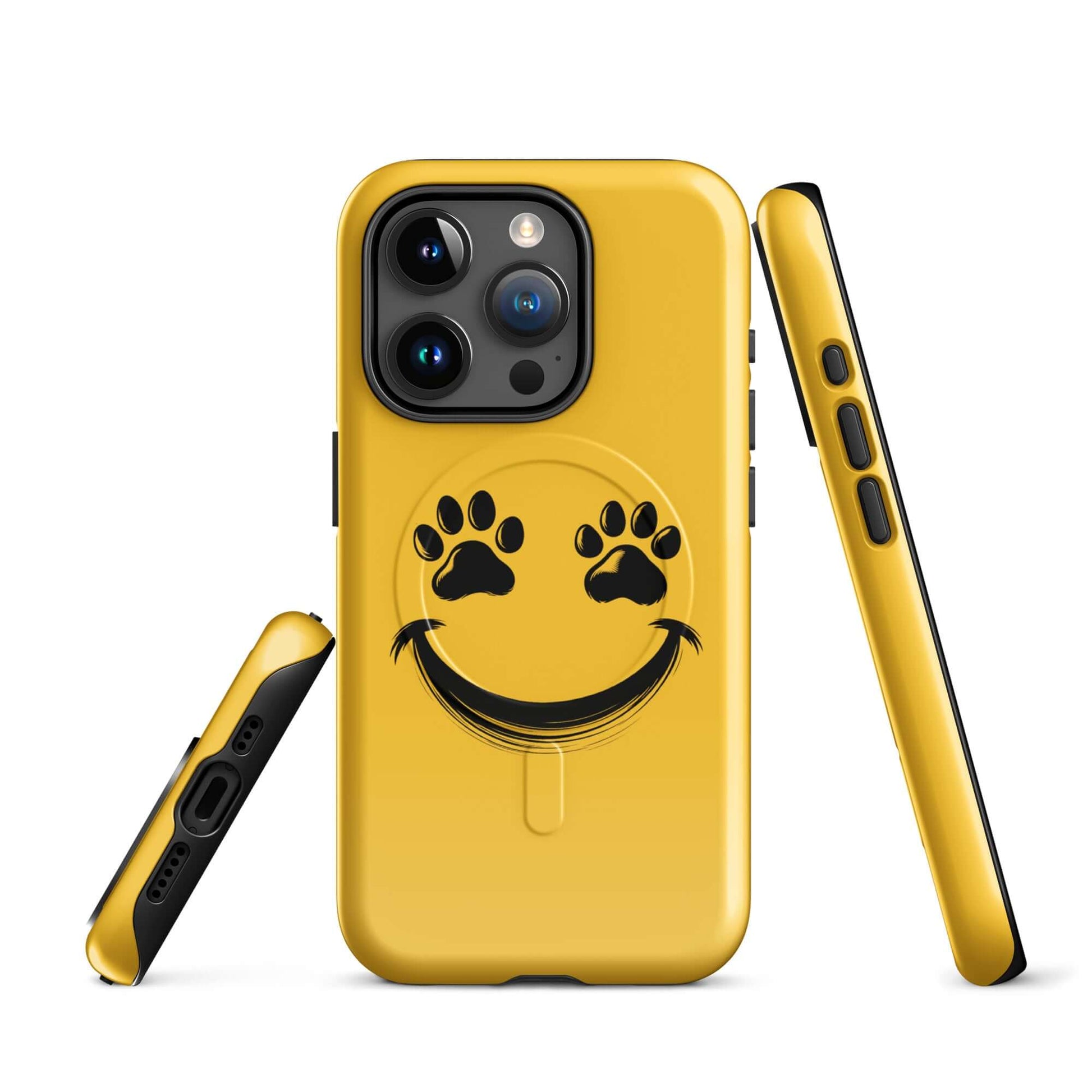 Magnetic Phone Case with smiley paw print design for pet lovers, compatible with iPhone, yellow color, back and side view.