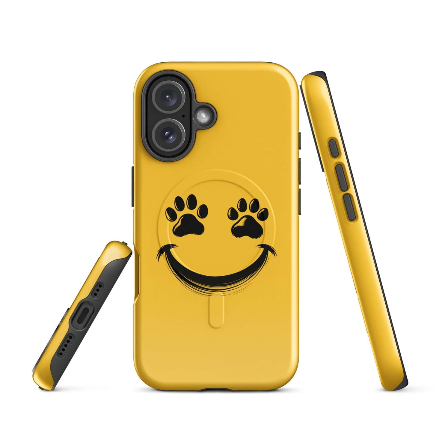 Magnetic Phone Case for iPhone with smiley face and paw prints design for pet lovers.