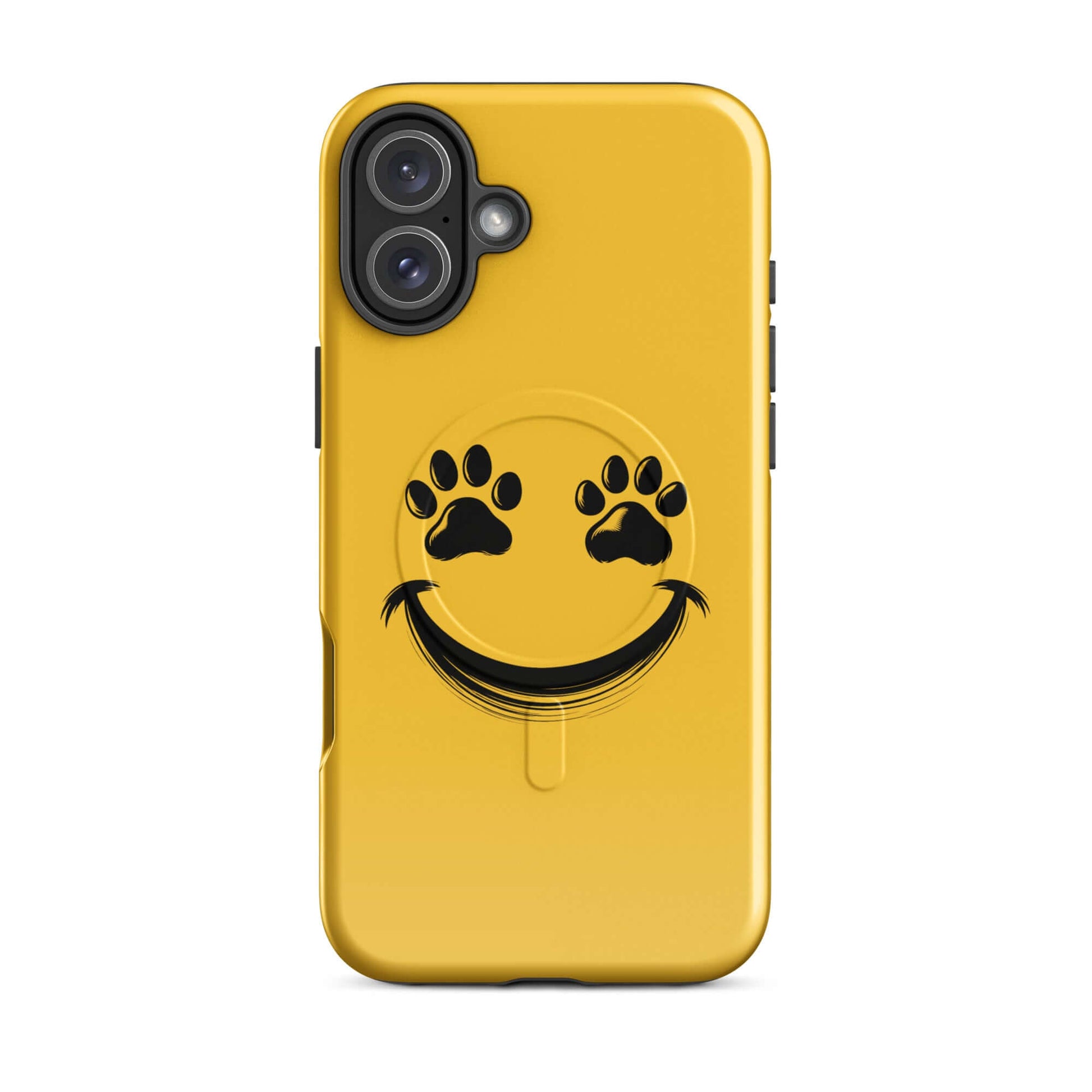 Magnetic Phone Case with smiley face and paw prints design for pet lovers, iPhone accessory, cheerful yellow case with animal theme