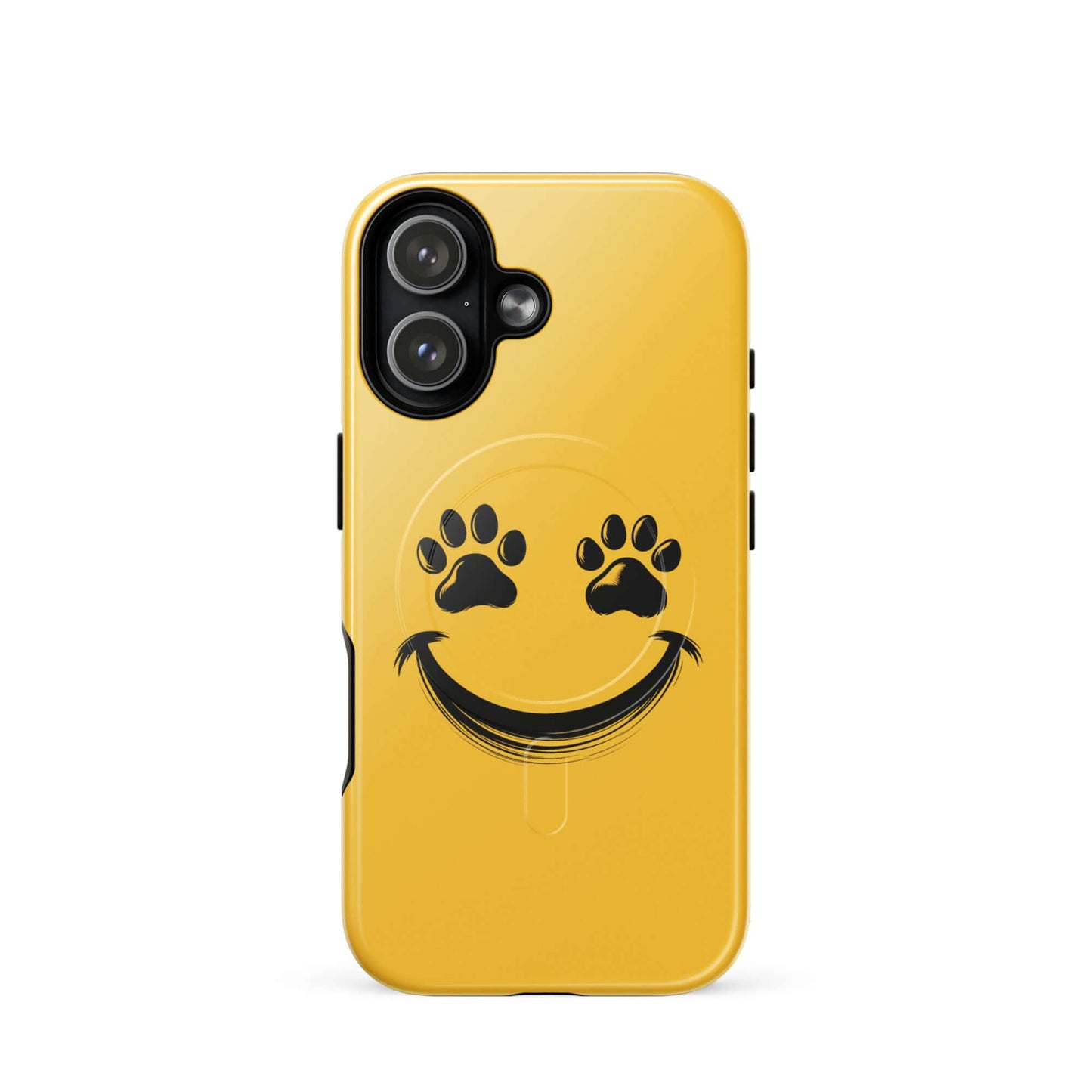 Magnetic Phone Case with smiley face and paw prints for pet lovers, designed for iPhone.