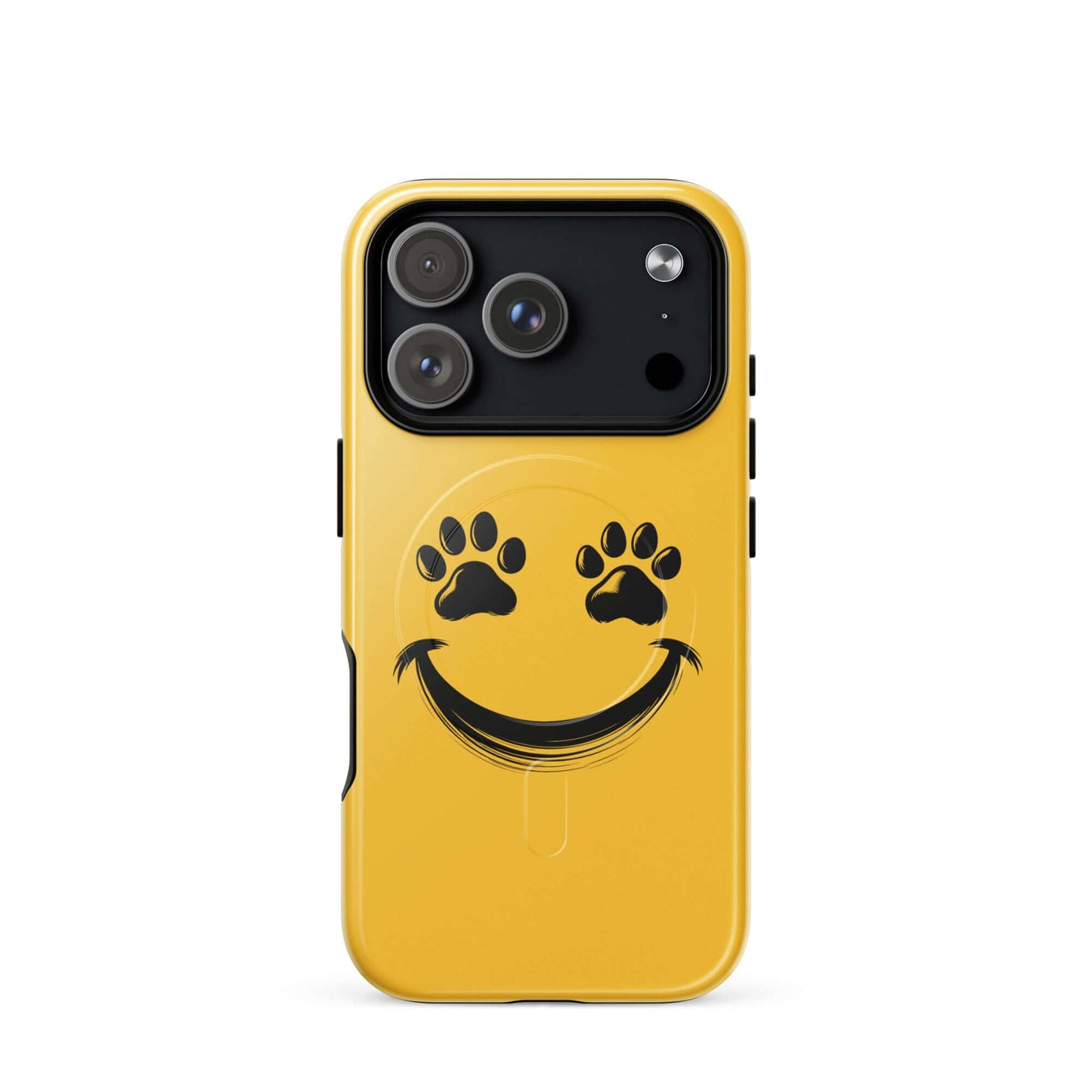 Magnetic Phone Case with smiley and paw print design for pet lovers, perfect for iPhone. Bright yellow color, durable and cheerful accessory.
