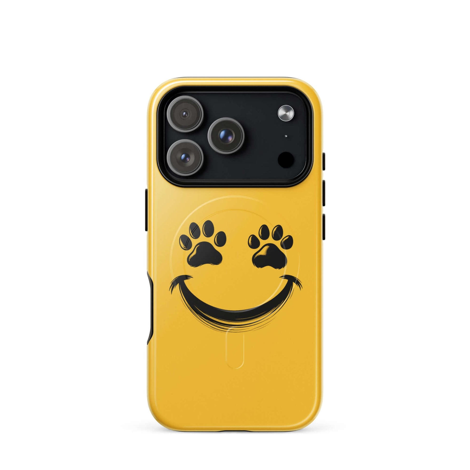 Magnetic Phone Case with smiley and paw print design for pet lovers, perfect for iPhone. Bright yellow color, durable and cheerful accessory.