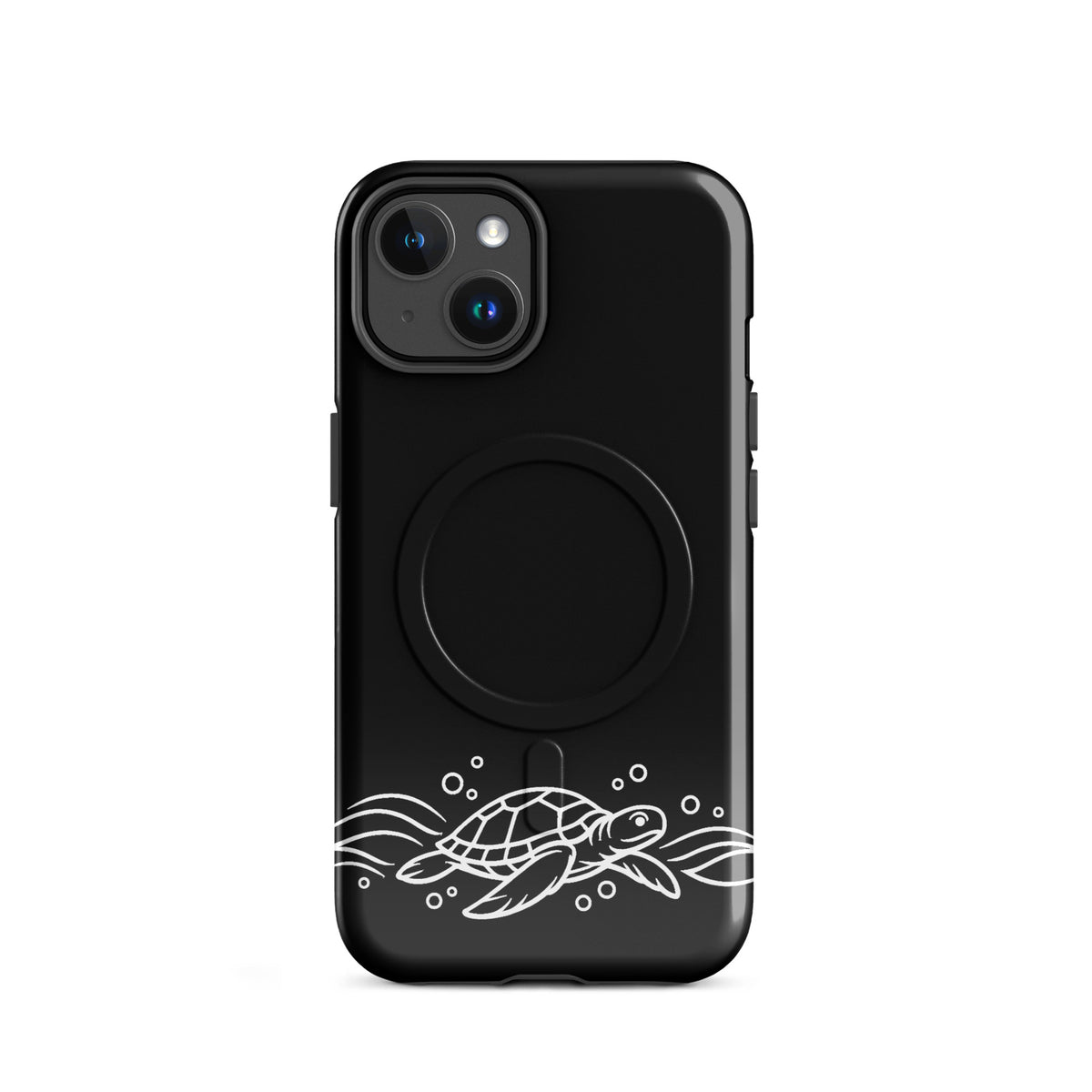 Magnetic Phone Case for iPhone with minimalist sea turtle design and abstract waves, black color, ocean-inspired accessory.