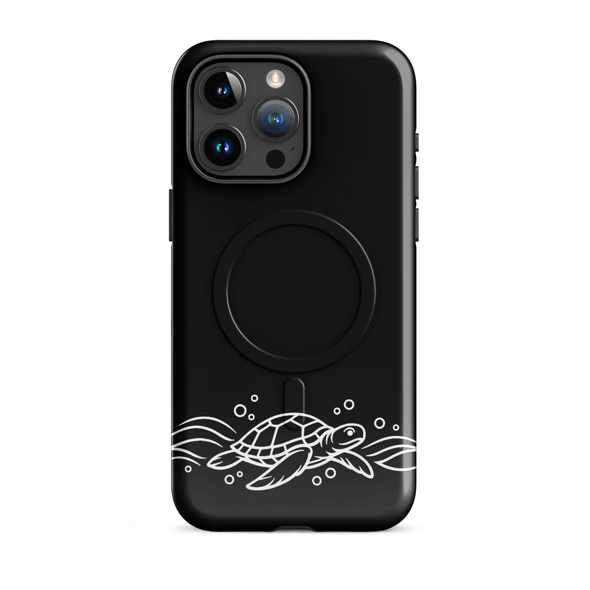 Magnetic Phone Case for iPhone featuring minimalist sea turtle design with waves and bubbles, ocean-inspired sleek and stylish accessory.
