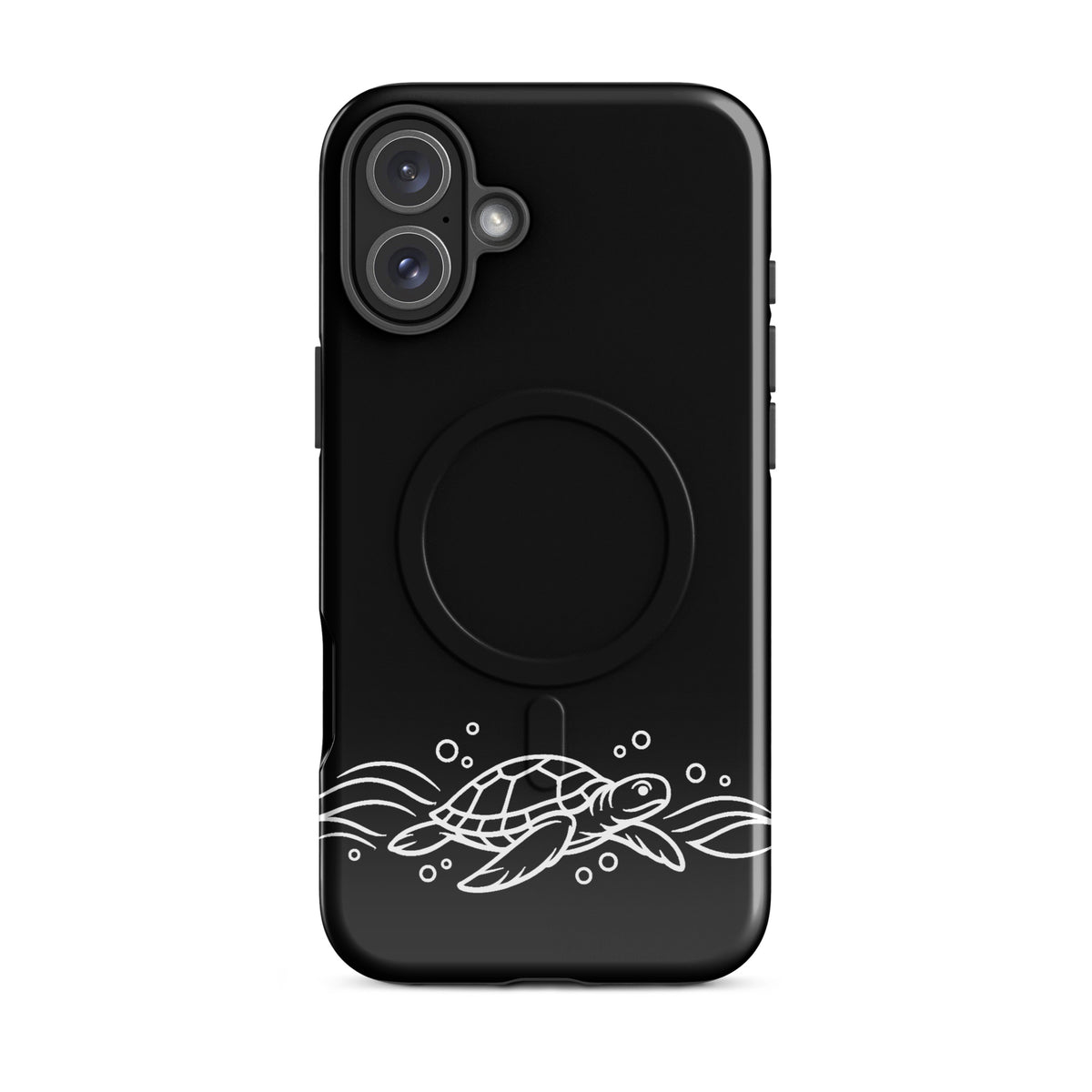 Magnetic Phone Case with minimalist sea turtle design for iPhone, sleek ocean-inspired aesthetic with waves and bubbles.