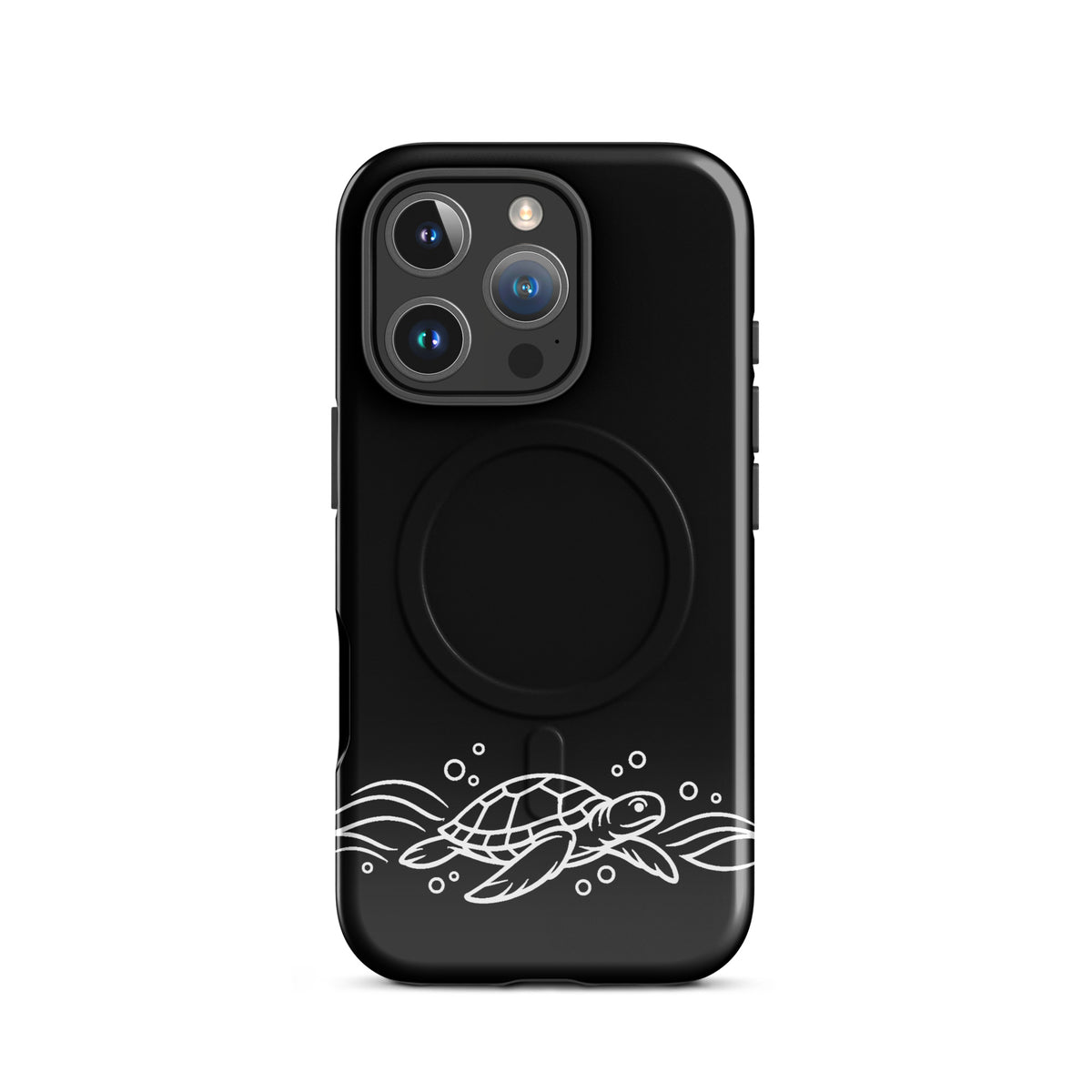Magnetic Phone Case with minimalist sea turtle and waves design for iPhone, ocean-inspired style with abstract bubbles and lines.