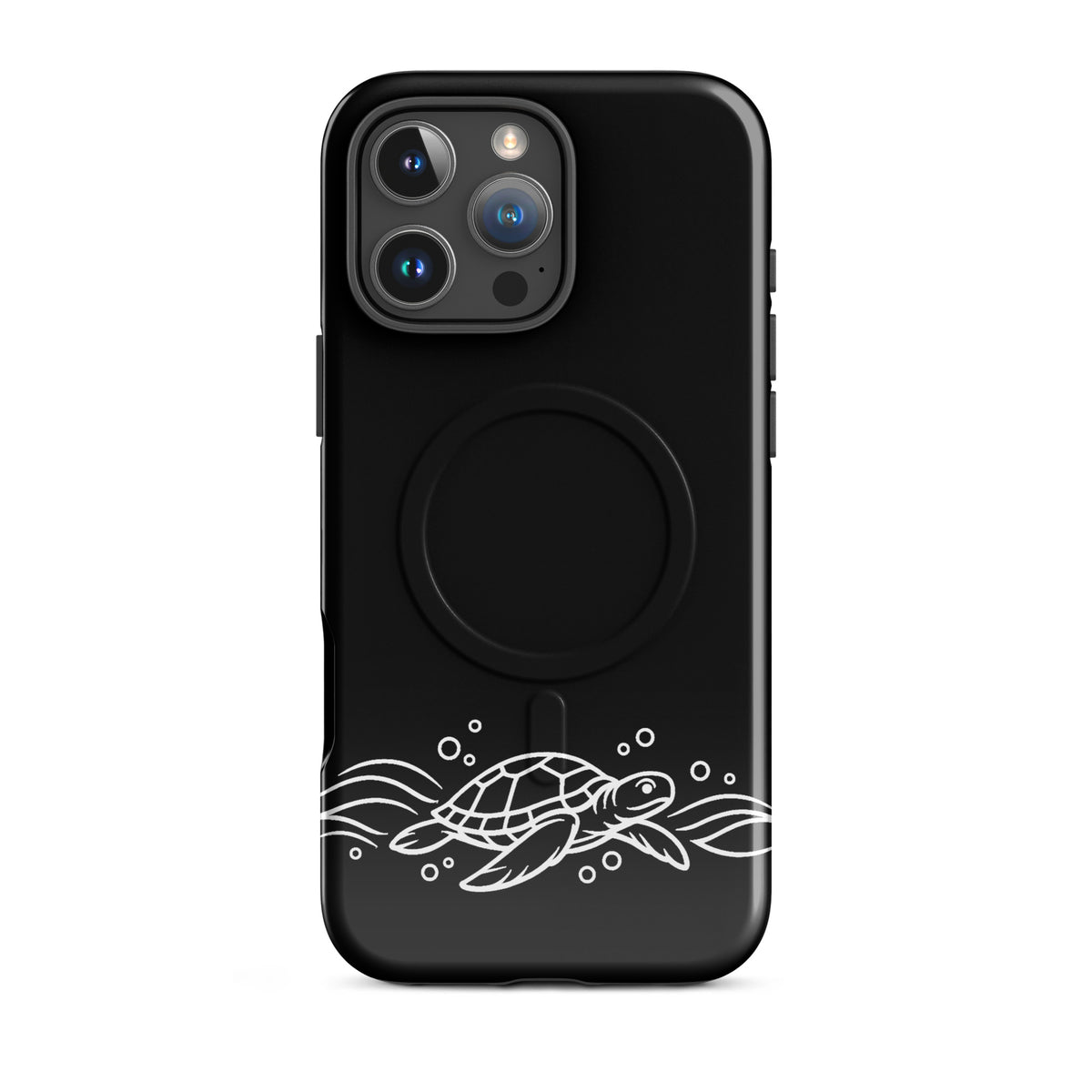Magnetic Phone Case for iPhone with minimalist sea turtle design and waves, black case with ocean-inspired vector art.