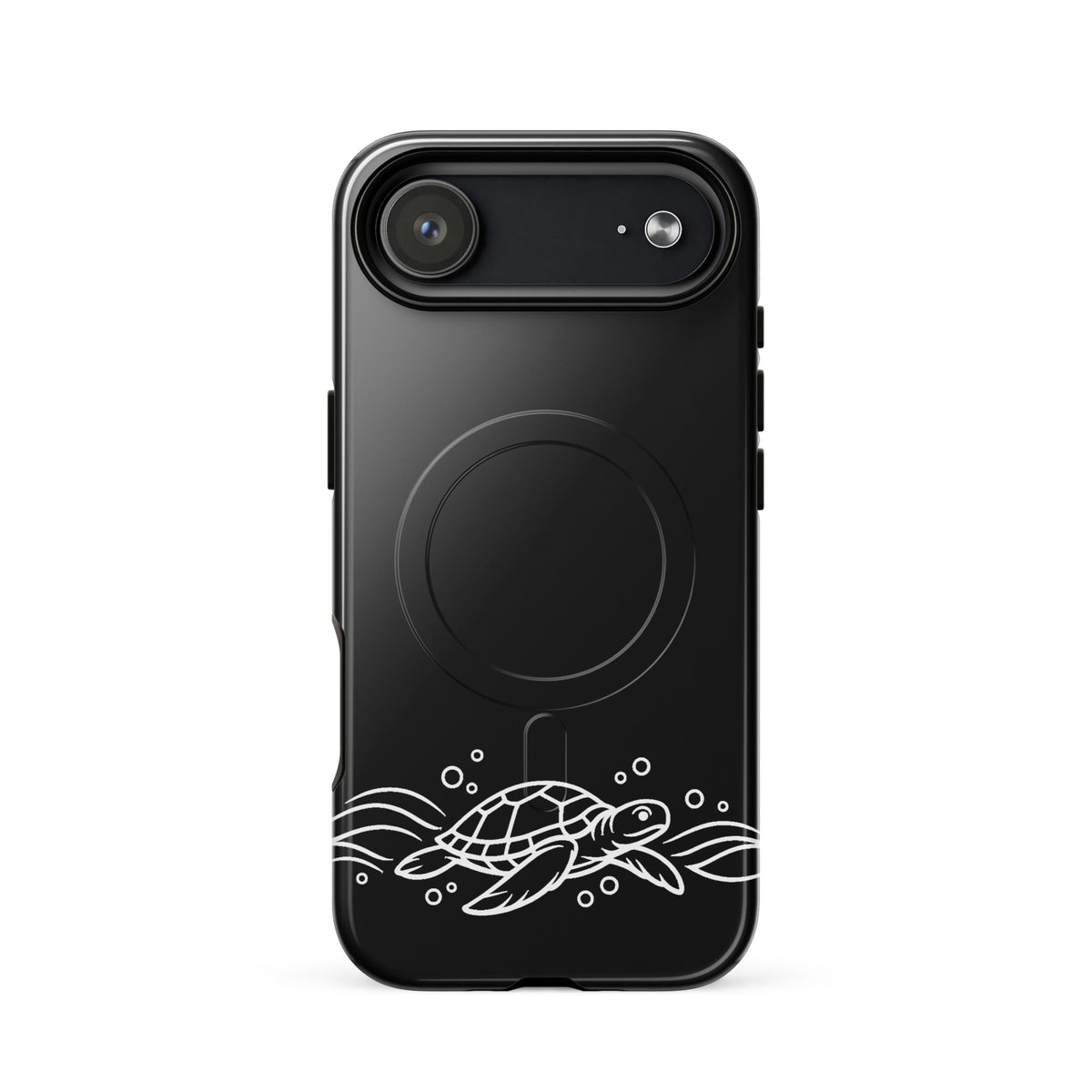 Magnetic Phone Case featuring minimalist sea turtle and waves design on black background for iPhone.