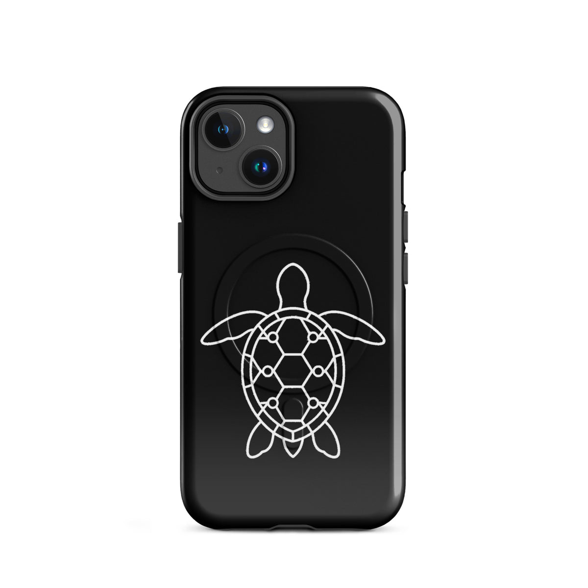 Magnetic Phone Case for iPhone with minimalist sea turtle silhouette and geometric shell pattern on black background.