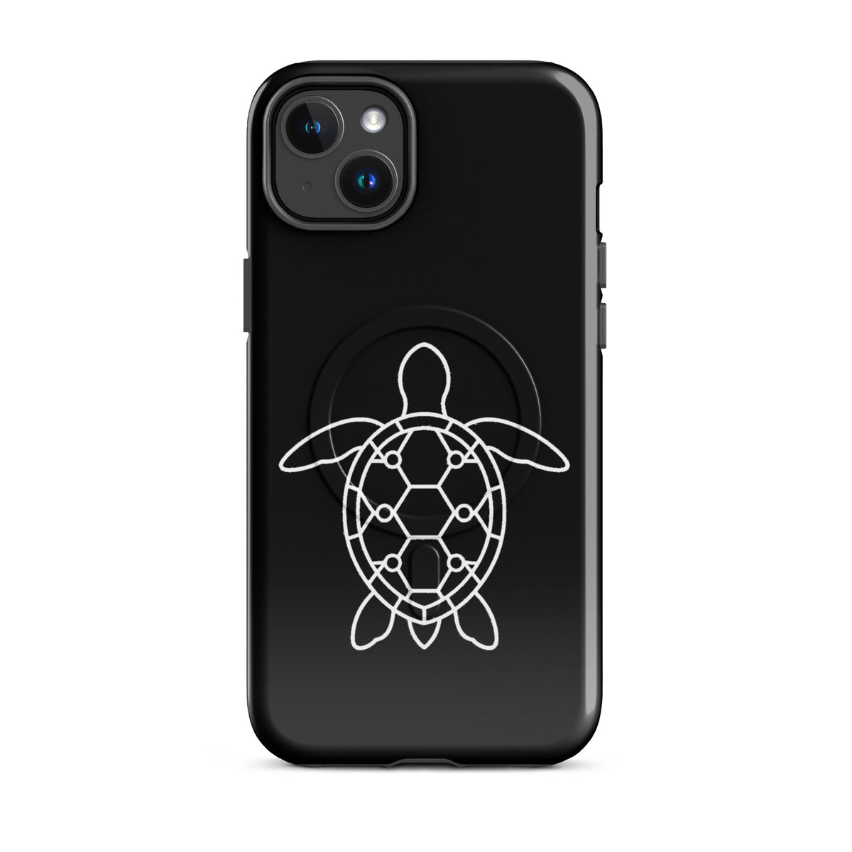Magnetic Phone Case for iPhone with minimalist sea turtle silhouette and geometric design on black background.