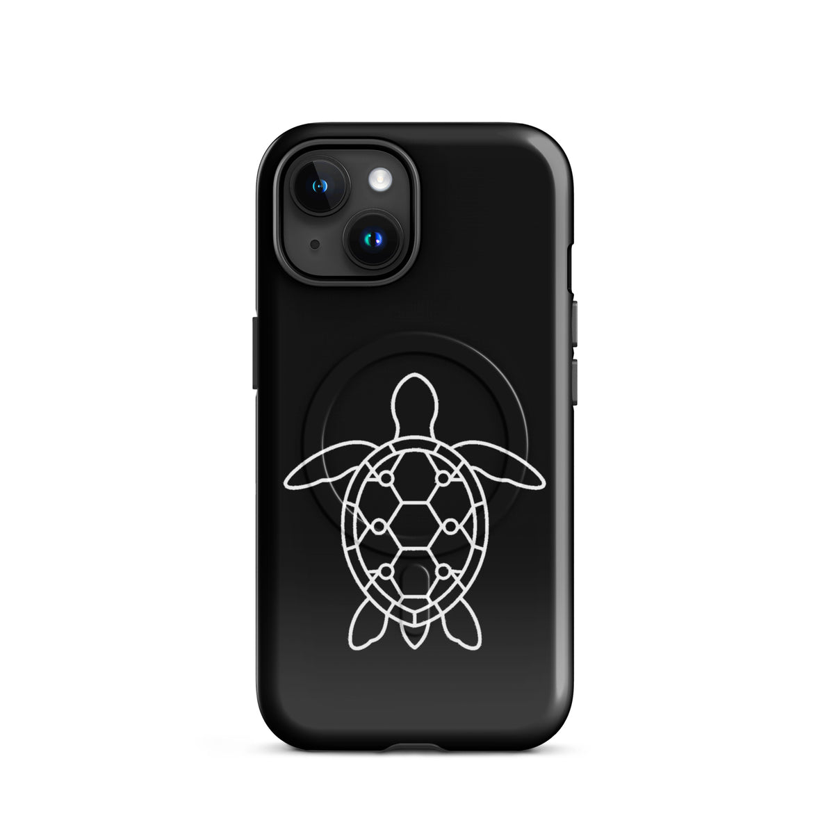 Magnetic Phone Case for iPhone with minimalist sea turtle silhouette and geometric shell pattern.