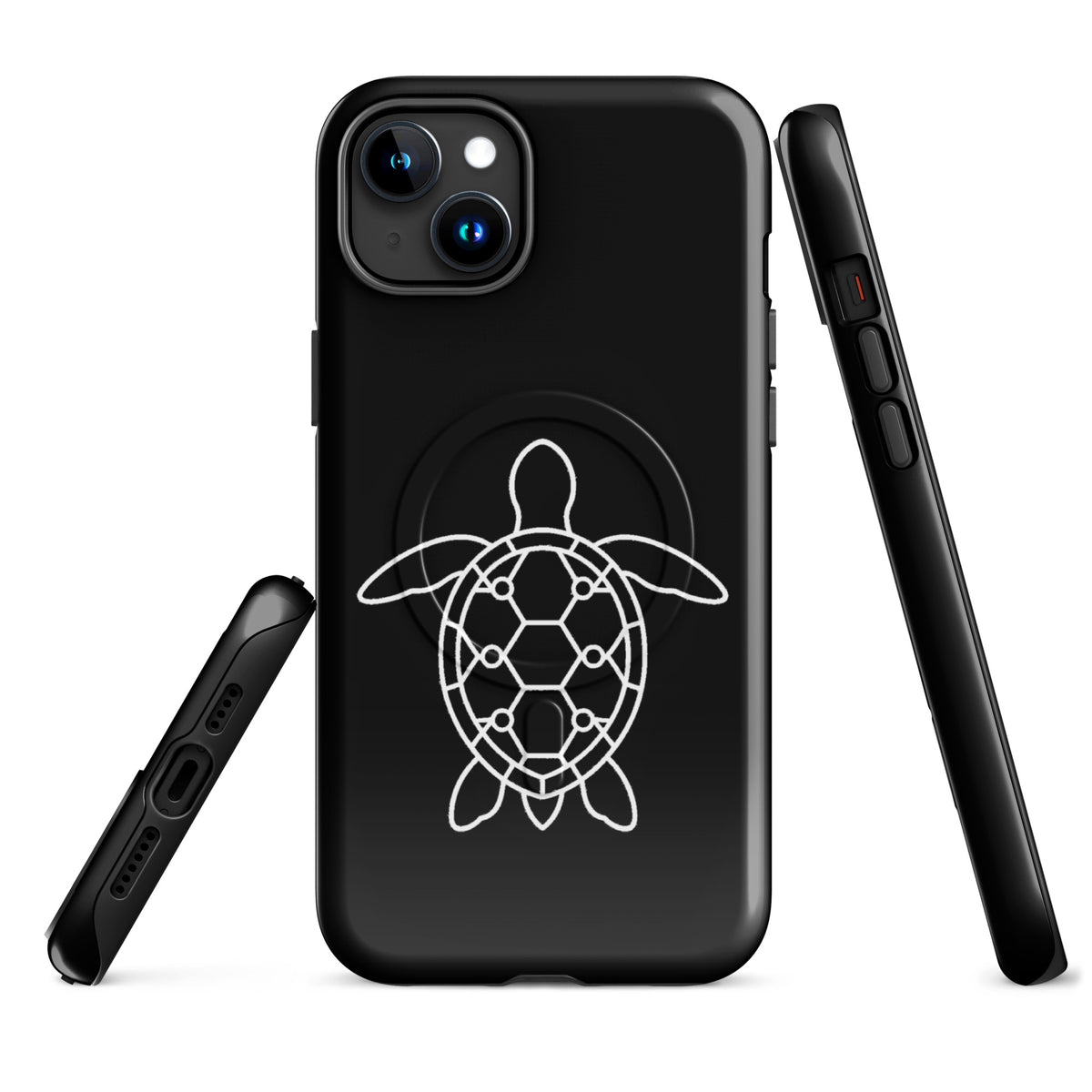 Magnetic Phone Case for iPhone with minimalist sea turtle silhouette and geometric shell design in black and white.