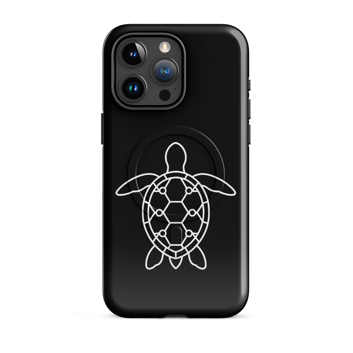 Magnetic Phone Case with minimalist sea turtle silhouette for iPhone, featuring geometric patterns on a sleek black design.