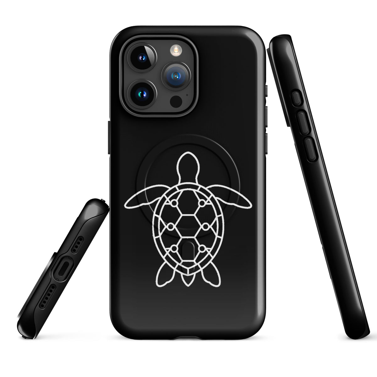 Magnetic Phone Case for iPhone with minimalist sea turtle silhouette design on black background.
