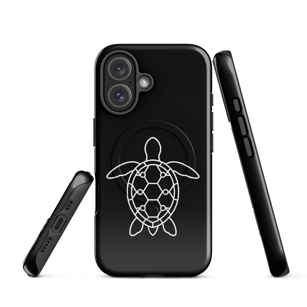 Magnetic Phone Case with minimalist sea turtle silhouette design, featuring geometric turtle shell and ocean theme.