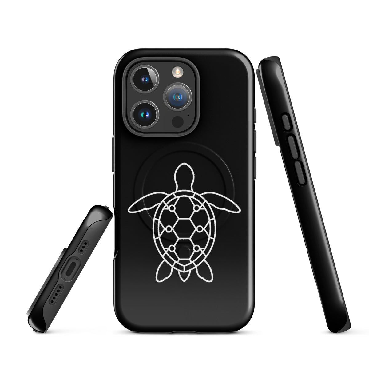 Alt Tag: Magnetic Phone Case with minimalist sea turtle silhouette and geometric pattern for iPhone, offering style and oceanic elegance.