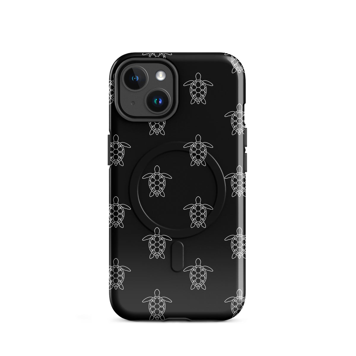 Magnetic Phone Case for iPhone with minimalist sea turtle pattern and geometric shell design on black surface.
