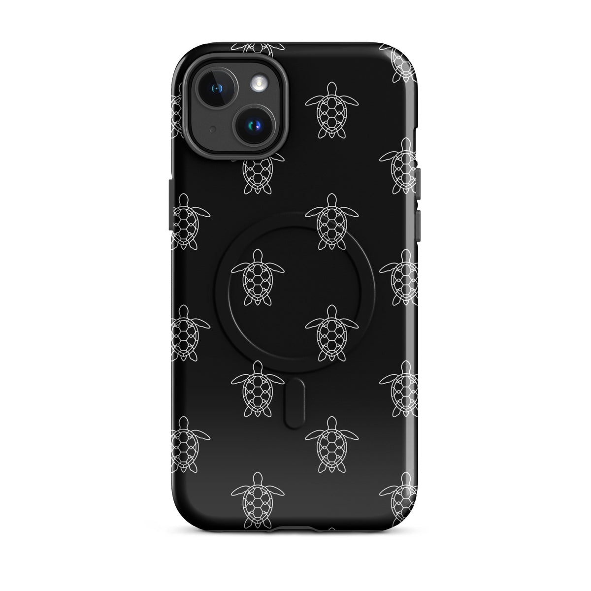 Magnetic Phone Case with minimalist sea turtle pattern on iPhone, featuring geometric design of vector lines and hexagons.