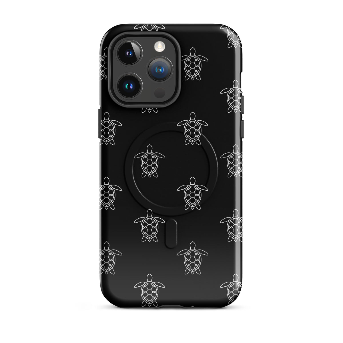 Magnetic Phone Case for iPhone with minimalist sea turtle pattern on black background, showcasing geometric turtle silhouettes.