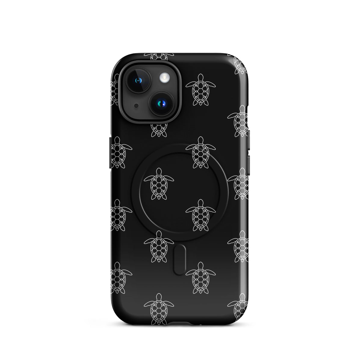 Magnetic Phone Case for iPhone with minimalist sea turtle pattern, featuring geometric shell design in black and white.