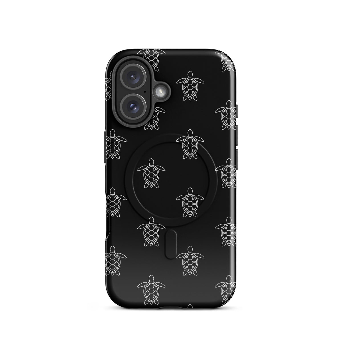 Magnetic Phone Case with minimalist sea turtle pattern on black surface for iPhone.