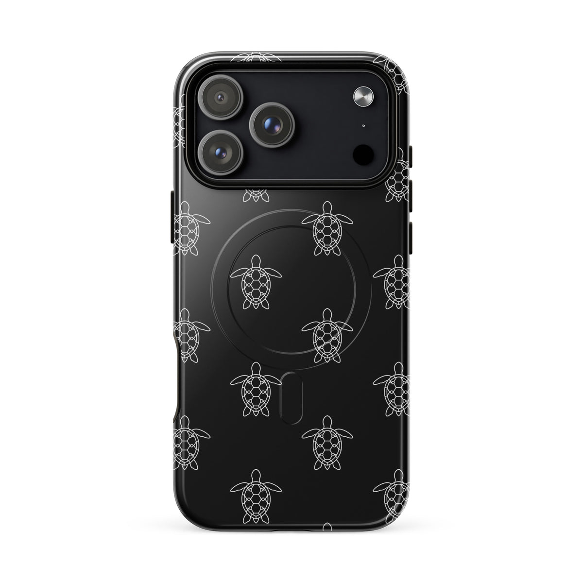 Magnetic Phone Case for iPhone with minimalist sea turtle pattern in geometric design on black background.