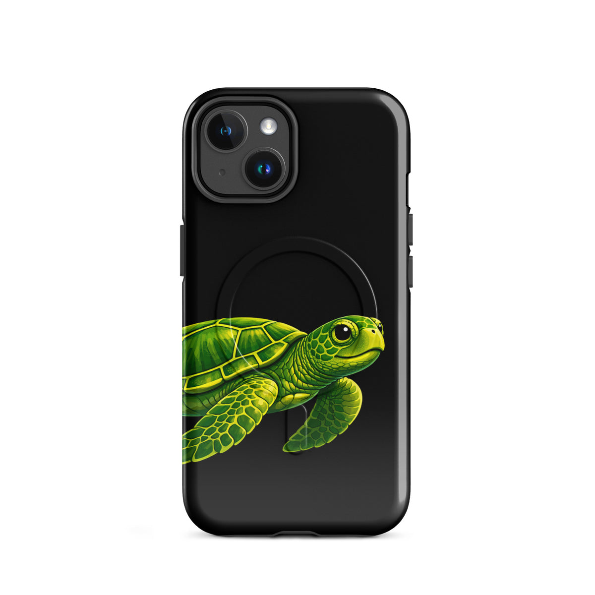 Magnetic Phone Case with sea turtle design for iPhone, featuring vibrant green turtle on black background for stylish protection.
