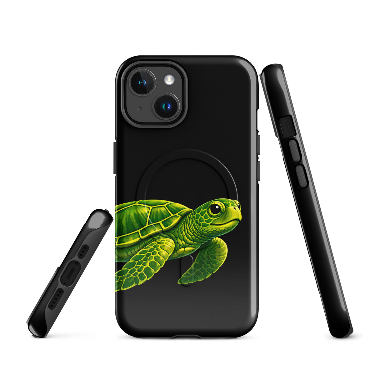 Magnetic Phone Case for iPhone with sea turtle design on black background, offering style and protection.