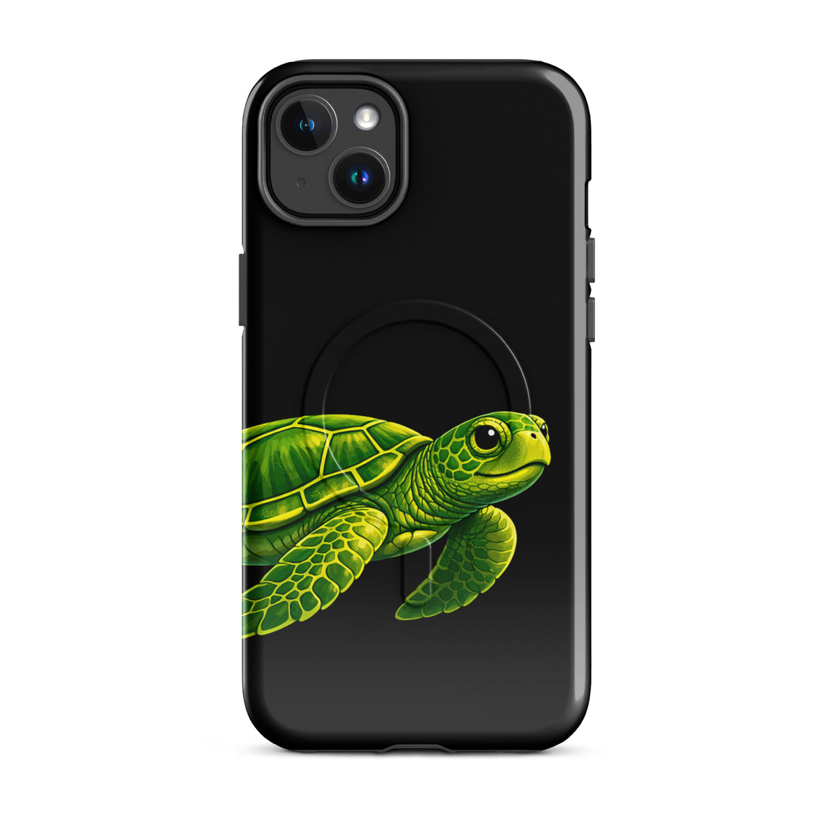 Magnetic Phone Case featuring vibrant sea turtle design on black background, combining style and protection for iPhone.