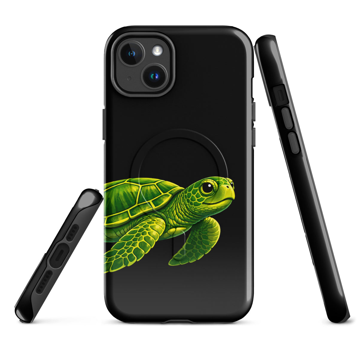 Magnetic Phone Case with sea turtle design for iPhone, featuring vibrant green turtle on black background for style and protection.
