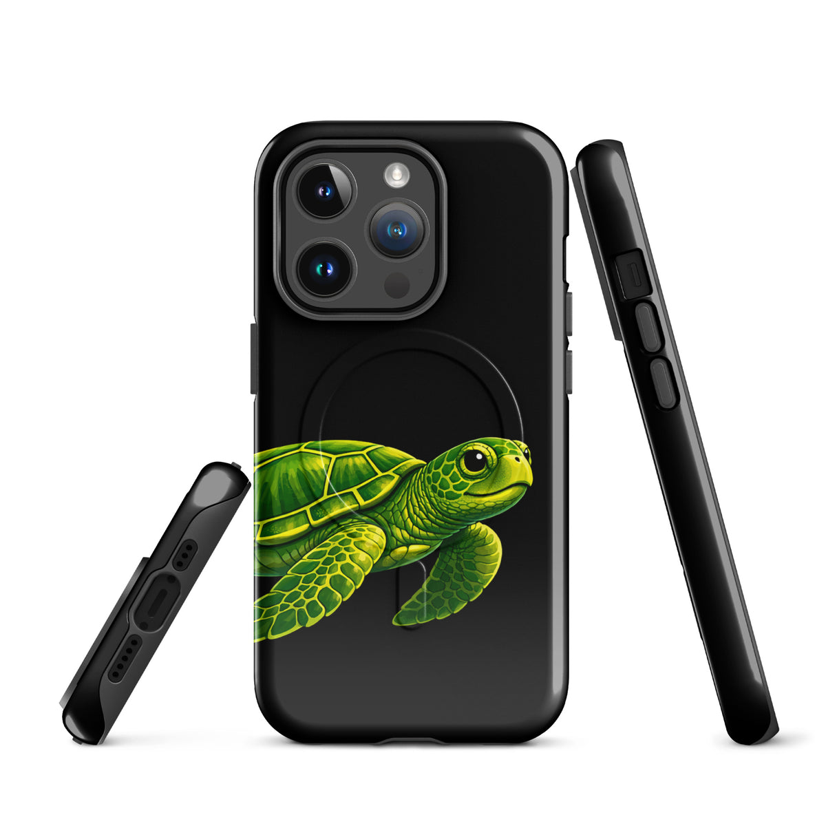 Magnetic Phone Case with Sea Turtle Design on black background for iPhone, showcasing luxury and ocean-inspired artistry.