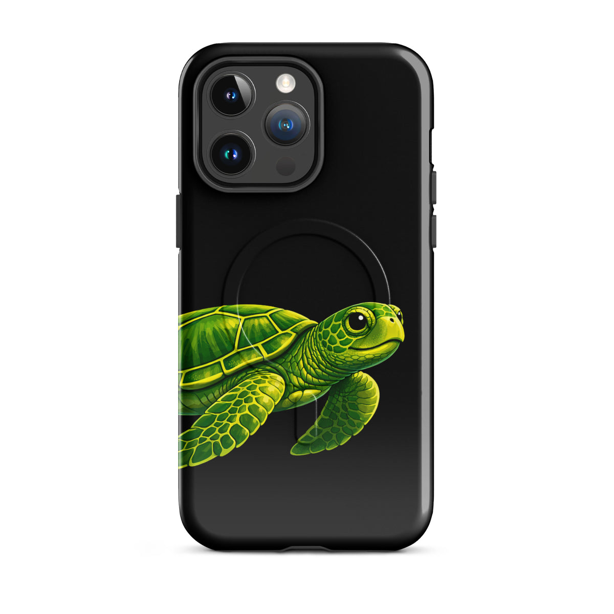 Magnetic Phone Case for iPhone with vibrant sea turtle design on black background, offering style and protection.