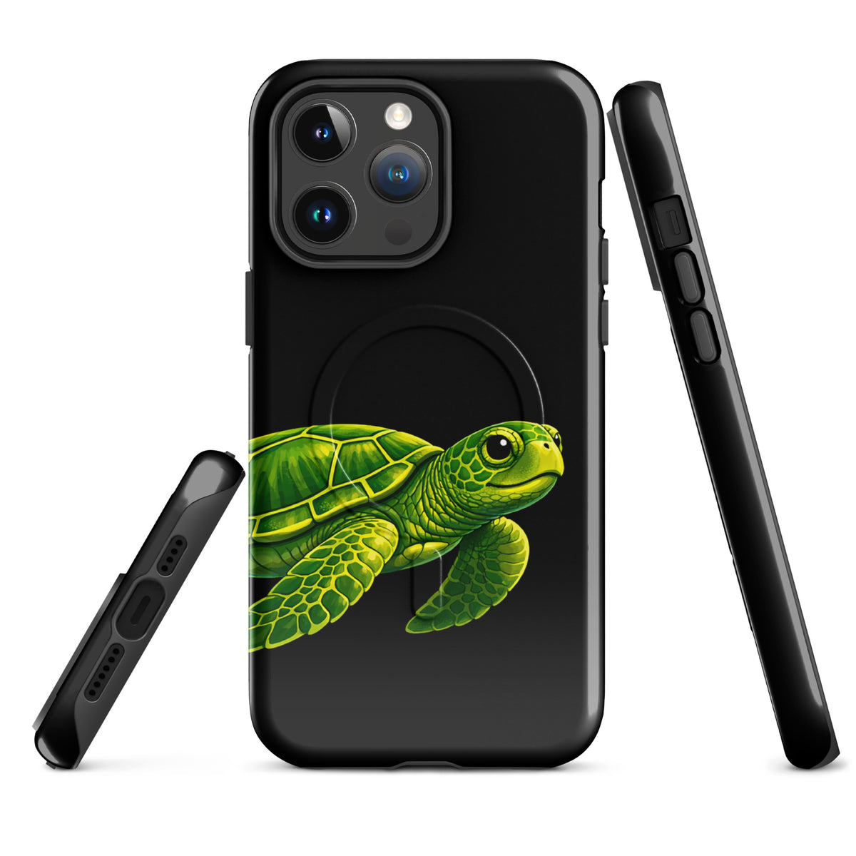 Magnetic Phone Case for iPhone with sea turtle design, vibrant green illustration on black background, luxury protection and style.