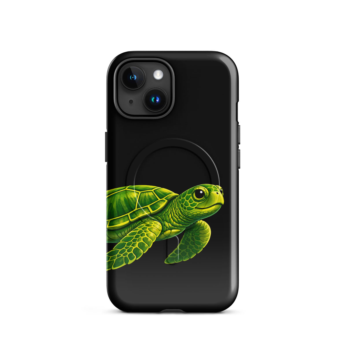 Magnetic Phone Case with vibrant sea turtle design on black background offering style and protection for iPhone.