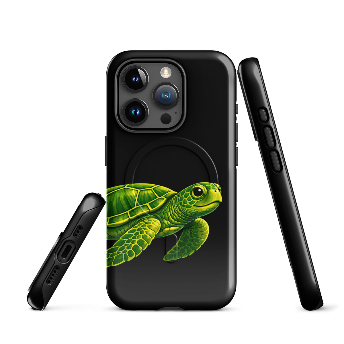 Magnetic Phone Case for iPhone in sea turtle design, featuring vibrant illustration on deep black background, stylish and protective.