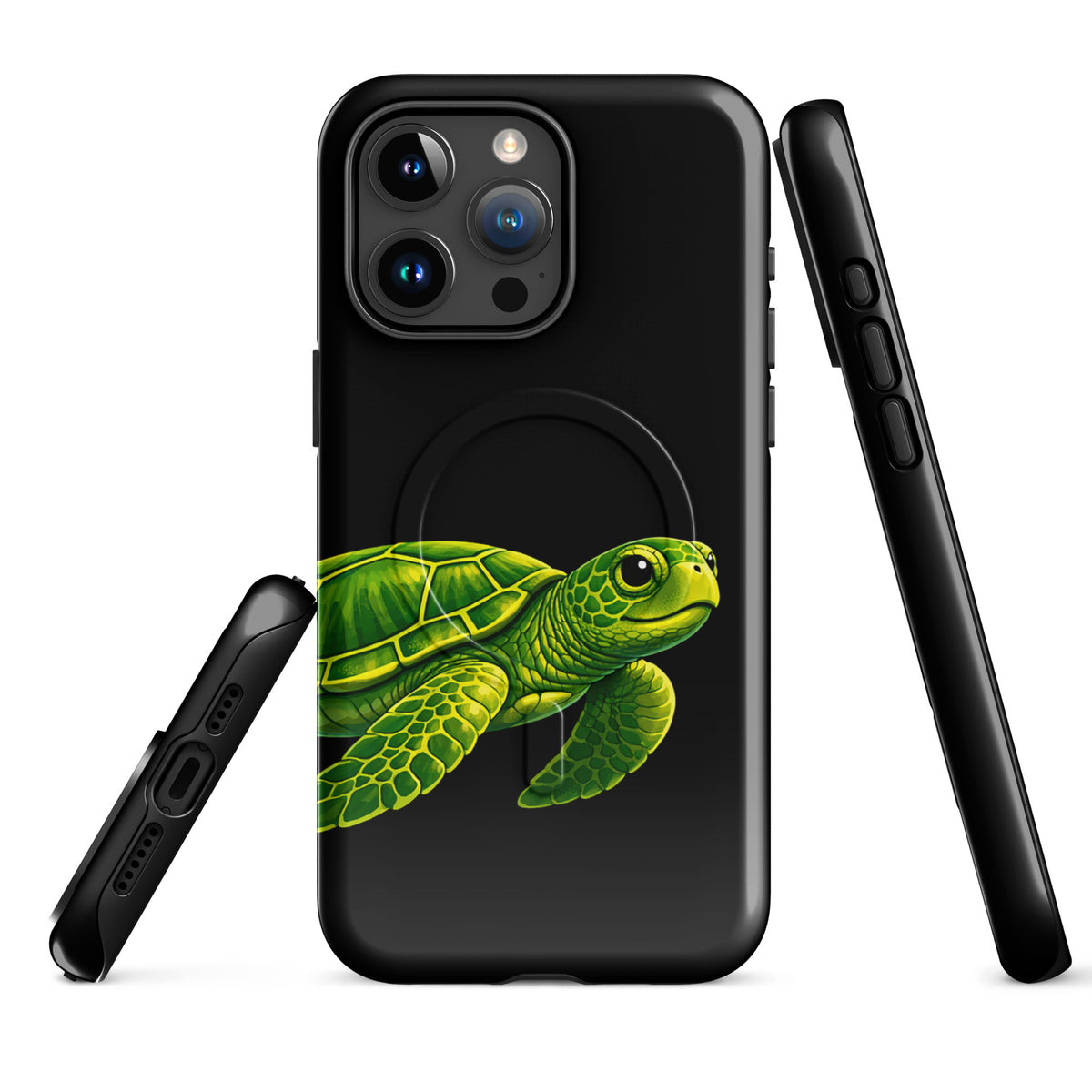 Magnetic Phone Case for iPhone with sea turtle design on black, offering style and protection.