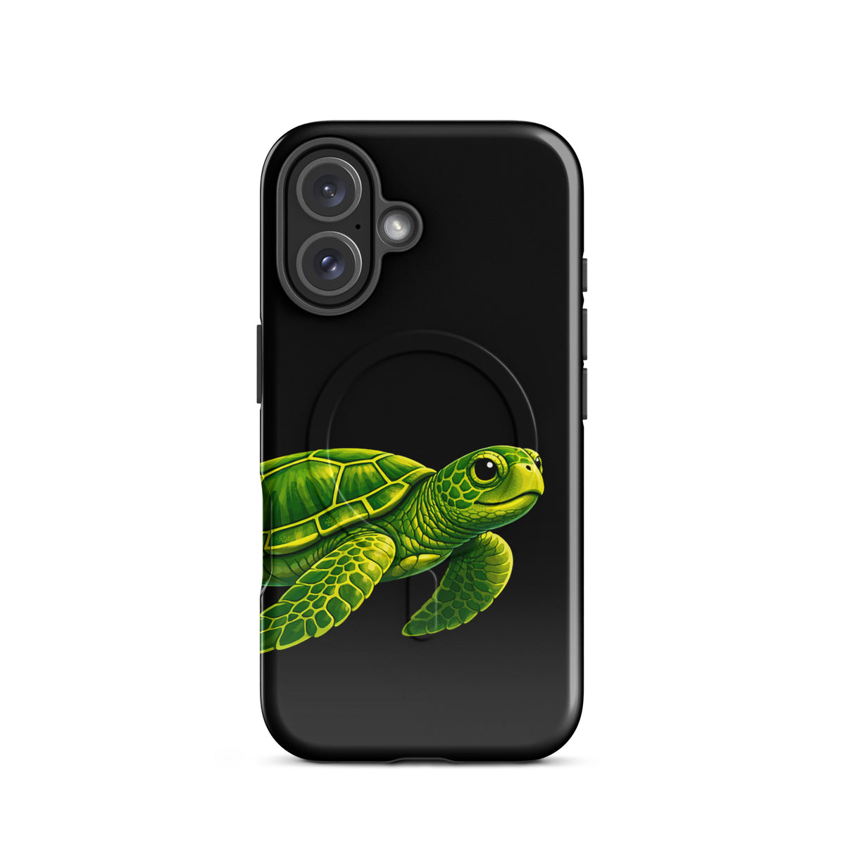 Magnetic Phone Case for iPhone with vibrant sea turtle design on black background, showcasing luxury and protection.