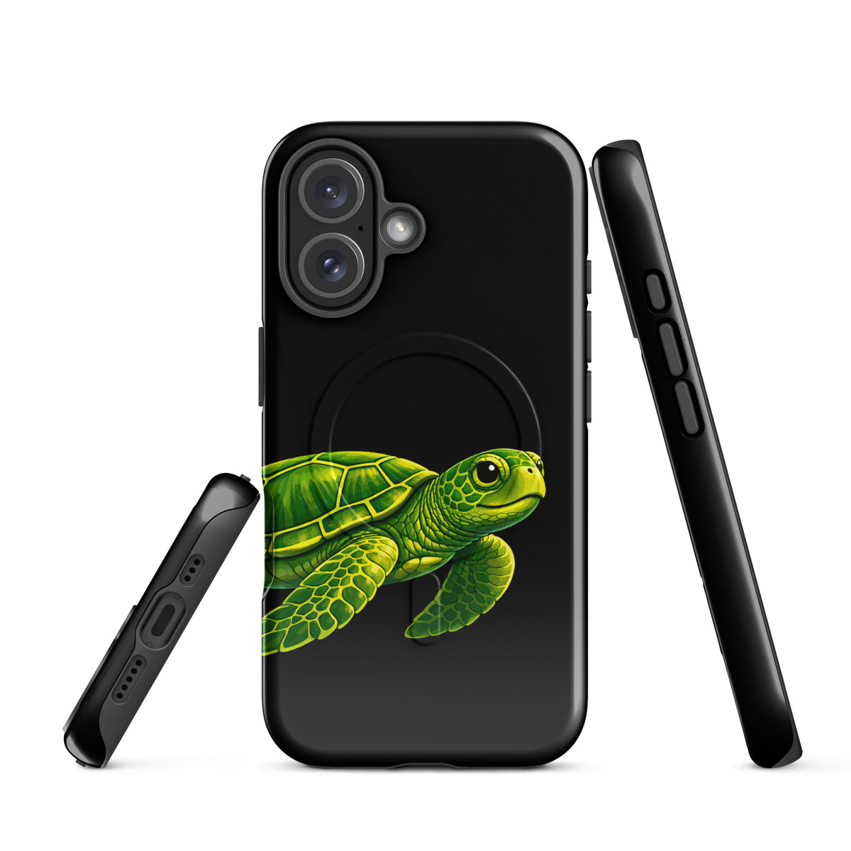 Magnetic Phone Case for iPhone with Sea Turtle Design on Black Background