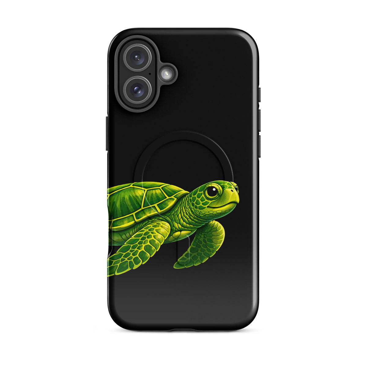 Magnetic Phone Case with sea turtle design on black background, offering style and protection for iPhone.