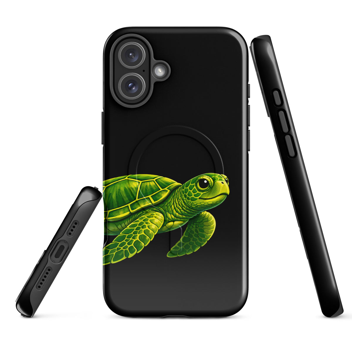 Magnetic Phone Case for iPhone featuring a sea turtle design with vibrant colors on a black background, offering style and protection.