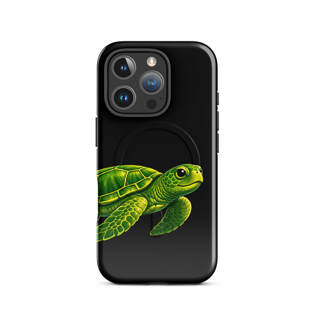 Magnetic Phone Case for iPhone with vibrant sea turtle design on black background, offering style and protection.
