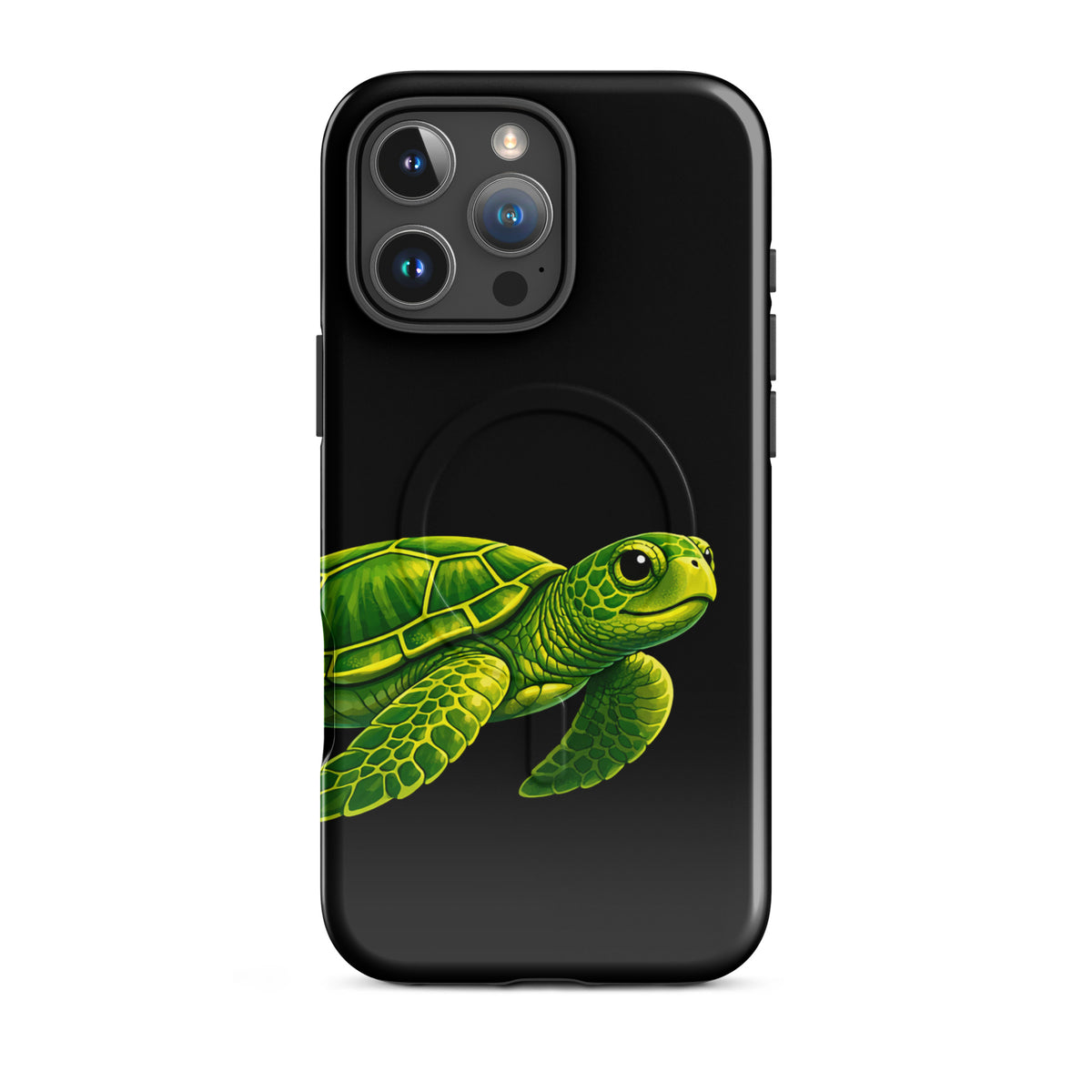 Magnetic Phone Case for iPhone with vibrant sea turtle design on black background showcasing style and protection.