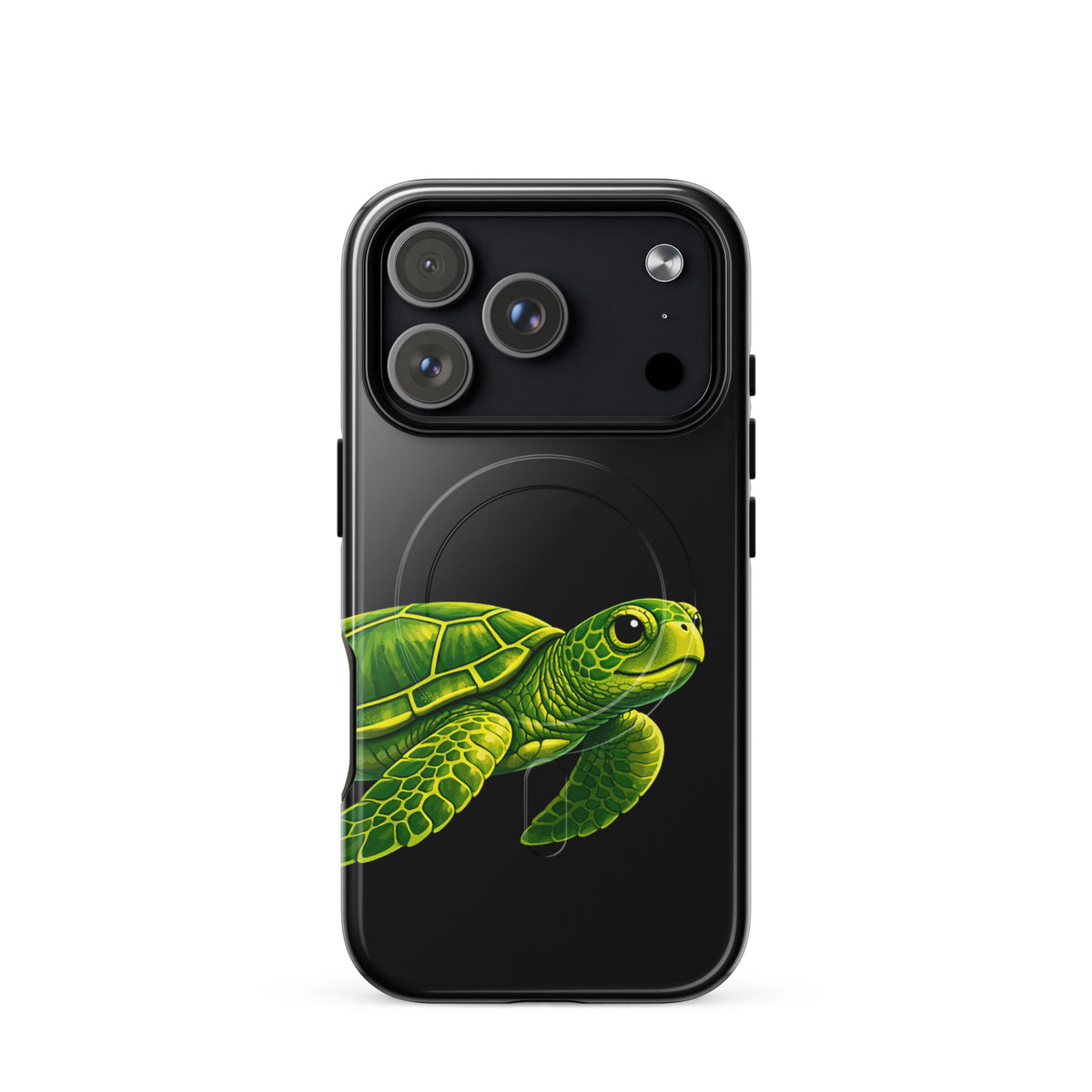Magnetic Phone Case for iPhone featuring a vivid sea turtle design on a black background for style and protection.