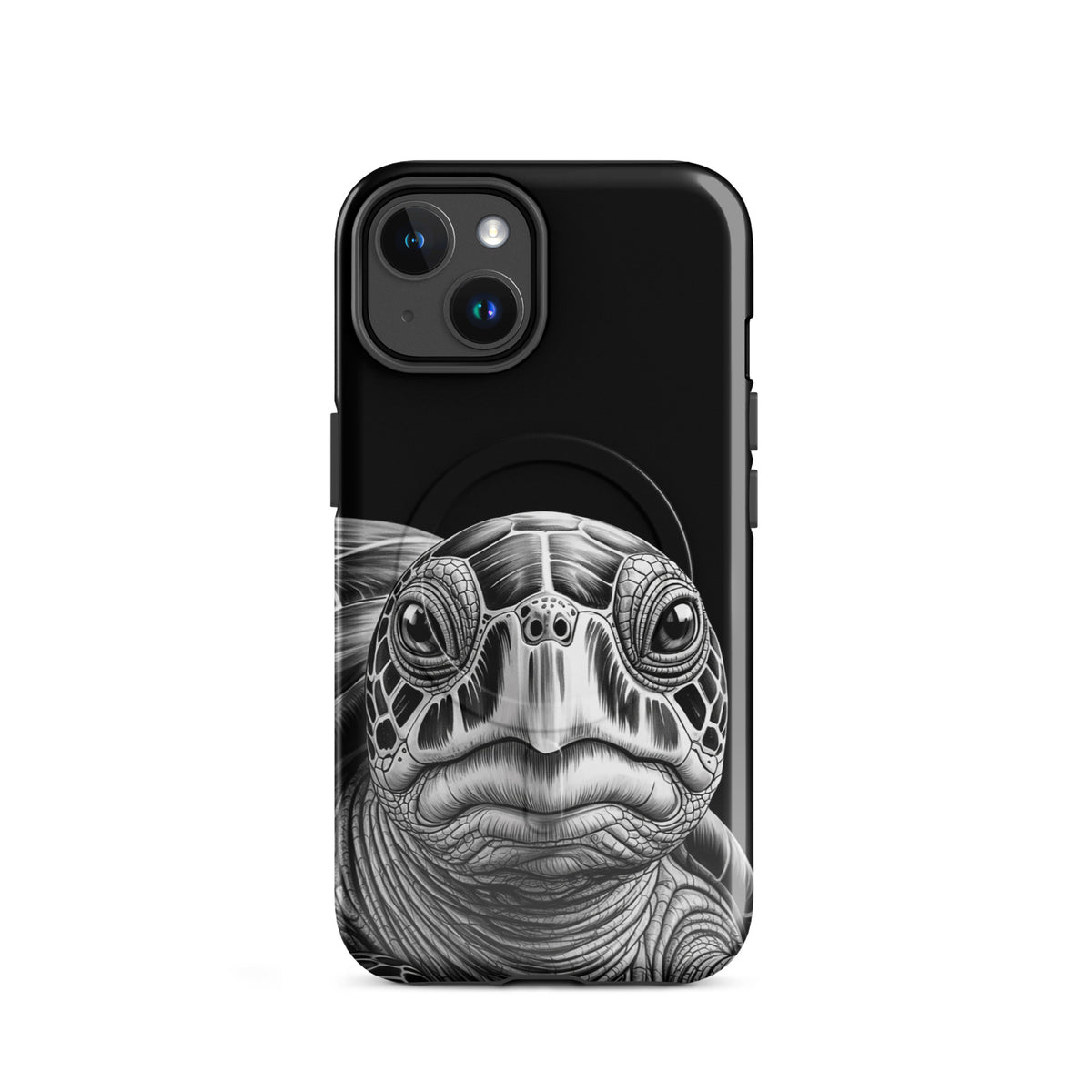 Magnetic Phone Case for iPhone with Ancient Sea Turtle Art, black-and-white design showing intricate turtle sketch for protection.