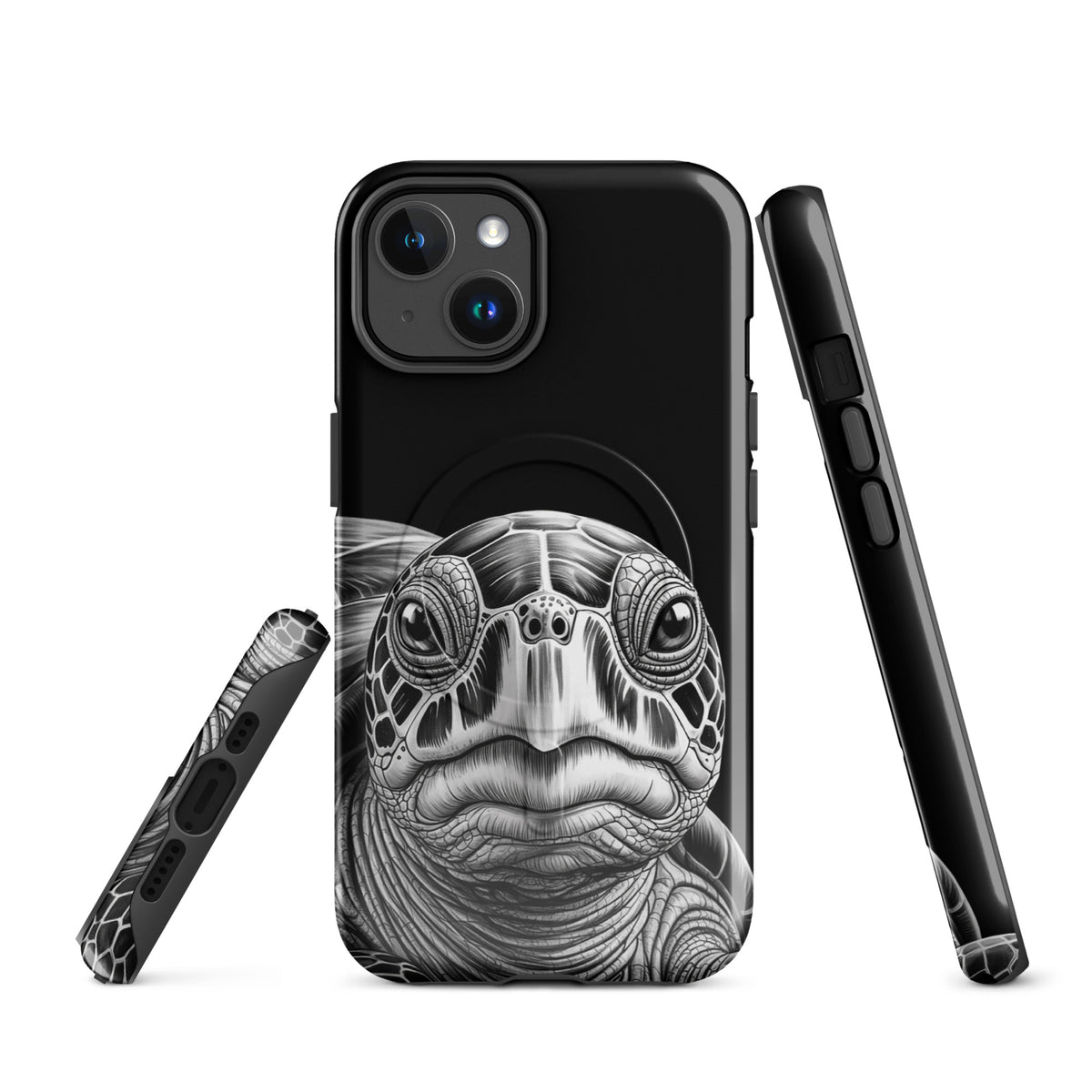 Magnetic Phone Case for iPhone featuring an ancient sea turtle art with detailed pencil sketch, enhancing protection and style.