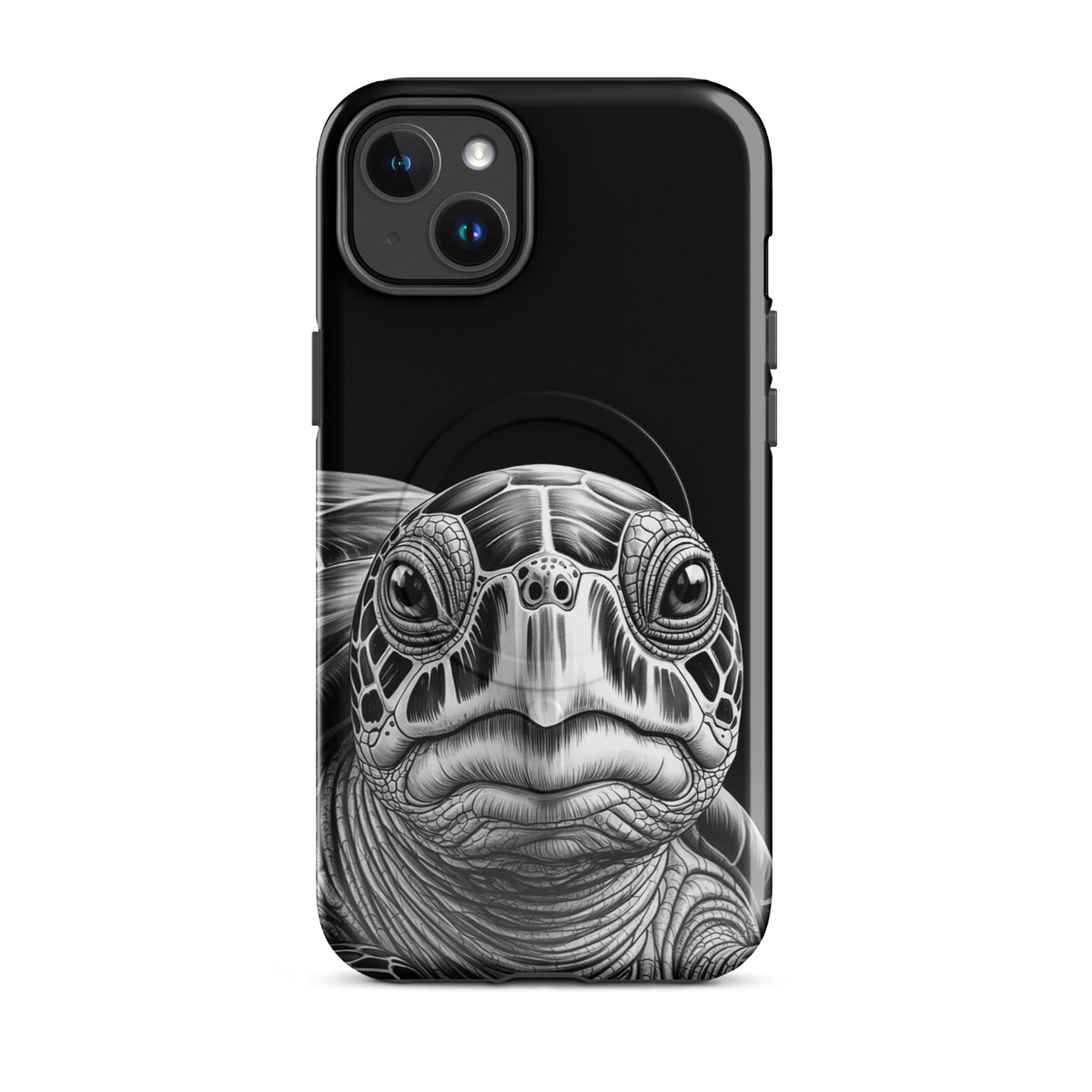 Magnetic Phone Case featuring a black-and-white sea turtle art design for iPhone protection and style.