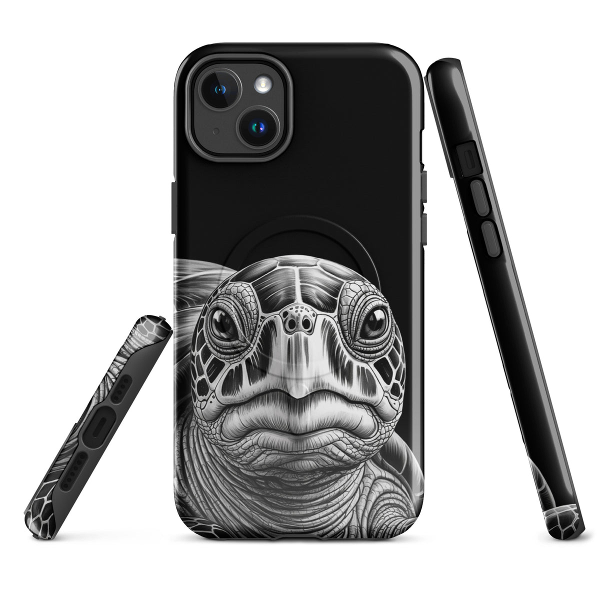 Magnetic Phone Case for iPhone featuring ancient sea turtle art in black and white pencil sketch.