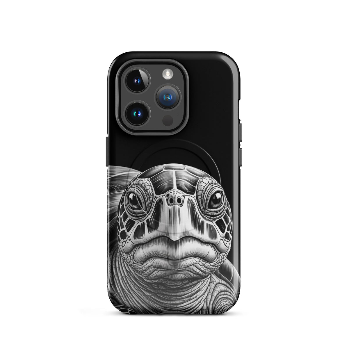 Magnetic Phone Case with ancient sea turtle art for iPhone protection, featuring detailed black-and-white sketch design.